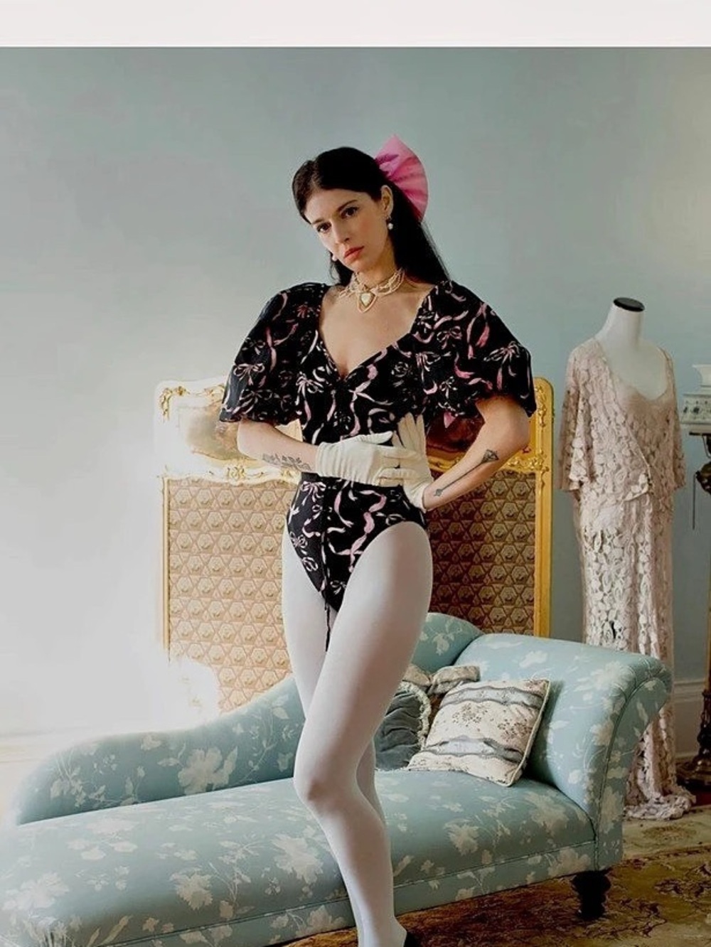 Samantha Pleet Guinevere Bodysuit - Ribbon in Black & Pink - Size XS - Picture 3 of 6
